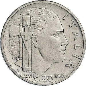 Vittorio Emanuele III di Savoia 1936 1943 Re e Imperatore Regno d'Italia 20 centesimi