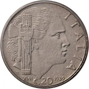 Vittorio Emanuele III di Savoia 1936 1943 Re e Imperatore Regno d'Italia 20 centesimi