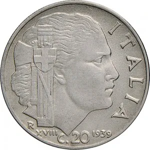 Vittorio Emanuele III di Savoia 1936 1943 Re e Imperatore Regno d'Italia 20 centesimi
