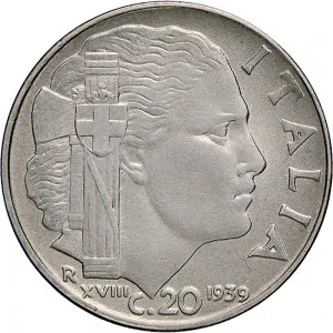 Vittorio Emanuele III di Savoia 1936 1943 Re e Imperatore Regno d'Italia 20 centesimi