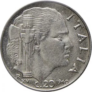 Vittorio Emanuele III di Savoia 1936 1943 Re e Imperatore Regno d'Italia 20 centesimi