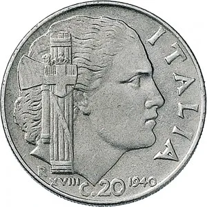 Vittorio Emanuele III di Savoia 1936 1943 Re e Imperatore Regno d'Italia 20 centesimi