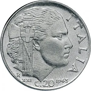Vittorio Emanuele III di Savoia 1936 1943 Re e Imperatore Regno d'Italia 20 centesimi