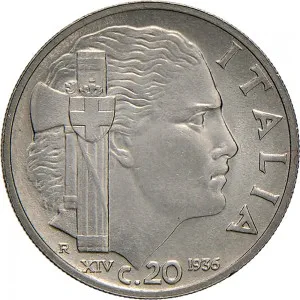 Vittorio Emanuele III di Savoia 1936 1943 Re e Imperatore Regno d'Italia 20 centesimi 1936 Anno XIV 1938 Anno XVII Italia fascista 1 tipo 21,5 mm 3,96 4,04 g Ni rovescio