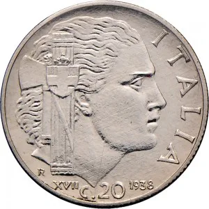Vittorio Emanuele III di Savoia 1936 1943 Re e Imperatore Regno d'Italia 20 centesimi 1938 Anno XVII 1943 Anno XXI Italia fascista 2 tipo 21,7 mm 3,92 4,08 g Ac rovescio