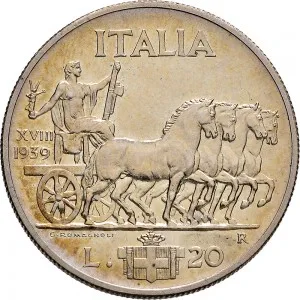 Vittorio Emanuele III di Savoia 1936 1943 Re e Imperatore Regno d'Italia 20 lire