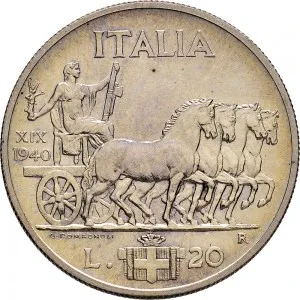 Vittorio Emanuele III di Savoia 1936 1943 Re e Imperatore Regno d'Italia 20 lire