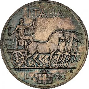 Vittorio Emanuele III di Savoia 1936 1943 Re e Imperatore Regno d'Italia 20 lire
