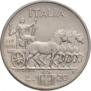 Vittorio Emanuele III di Savoia 1936 1943 Re e Imperatore Regno d'Italia 20 lire 1936 Anno XIV 1941 Anno XX Italia su quadriga lenta 35,5 mm 18,905 20,100 g Ag rovescio