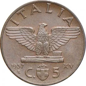 Vittorio Emanuele III di Savoia 1936 1943 Re e Imperatore Regno d'Italia 5 centesimi