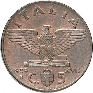 Vittorio Emanuele III di Savoia 1936 1943 Re e Imperatore Regno d'Italia 5 centesimi
