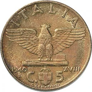Vittorio Emanuele III di Savoia 1936 1943 Re e Imperatore Regno d'Italia 5 centesimi