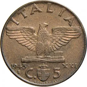 Vittorio Emanuele III di Savoia 1936 1943 Re e Imperatore Regno d'Italia 5 centesimi