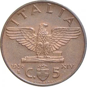 Vittorio Emanuele III di Savoia 1936 1943 Re e Imperatore Regno d'Italia 5 centesimi 1936 Anno XIV 1939 Anno XVII Aquila romana 1 tipo 19,5 mm 3,202 3,298 g rovescio