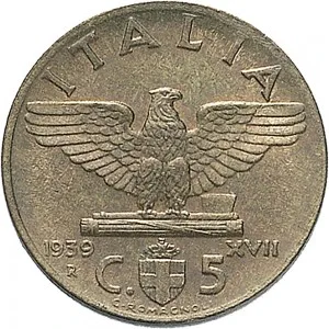 Vittorio Emanuele III di Savoia 1936 1943 Re e Imperatore Regno d'Italia 5 centesimi 1939 Anno XVII 1943 Anno XXI Aquila romana 2 tipo 19,5 mm 2,508 3,392 g Ba rovescio
