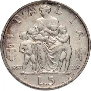 Vittorio Emanuele III di Savoia 1936 1943 Re e Imperatore Regno d'Italia 5 lire