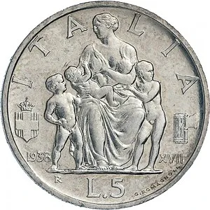 Vittorio Emanuele III di Savoia 1936 1943 Re e Imperatore Regno d'Italia 5 lire