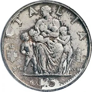Vittorio Emanuele III di Savoia 1936 1943 Re e Imperatore Regno d'Italia 5 lire