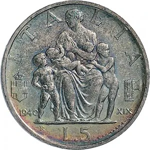 Vittorio Emanuele III di Savoia 1936 1943 Re e Imperatore Regno d'Italia 5 lire