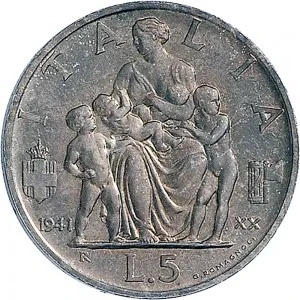 Vittorio Emanuele III di Savoia 1936 1943 Re e Imperatore Regno d'Italia 5 lire