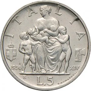 Vittorio Emanuele III di Savoia 1936 1943 Re e Imperatore Regno d'Italia 5 lire 1936 Anno XIV 1941 Anno XX Italia feconda 23 mm 4,726 5,025 g Ag rovescio