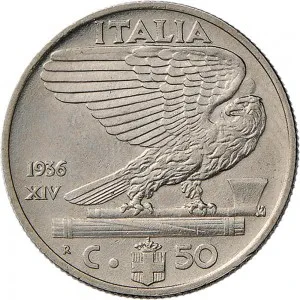 Vittorio Emanuele III di Savoia 1936 1943 Re e Imperatore Regno d'Italia 50 centesimi 1936 Anno XIV 1938 Anno XVII Aquila romana 1 tipo 24 mm 5,94 6,06 g Ni rovescio