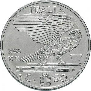 Vittorio Emanuele III di Savoia 1936 1943 Re e Imperatore Regno d'Italia 50 centesimi 1938 Anno XVII 1943 Anno XXI Aquila romana 2 tipo 24,1 mm 5,88 6,12 g Ac rovescio