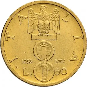 Vittorio Emanuele III di Savoia 1936 1943 Re e Imperatore Regno d'Italia 50 lire 1936 Anno XIV Insegna militare 20,5 mm 4,369 4,408 g Au rovescio