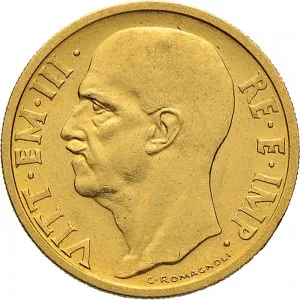 Vittorio Emanuele III di Savoia 1936 1943 Re e Imperatore Regno d'Italia 50 lire 1936 Anno XIV Insegna militare 20,5 mm 4,369 4,408 g Au dritto